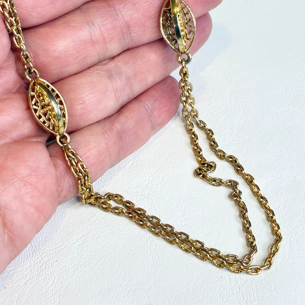 Vintage Monet Necklace Double Strand Station Gold Tone 54" Long Chain Flapper